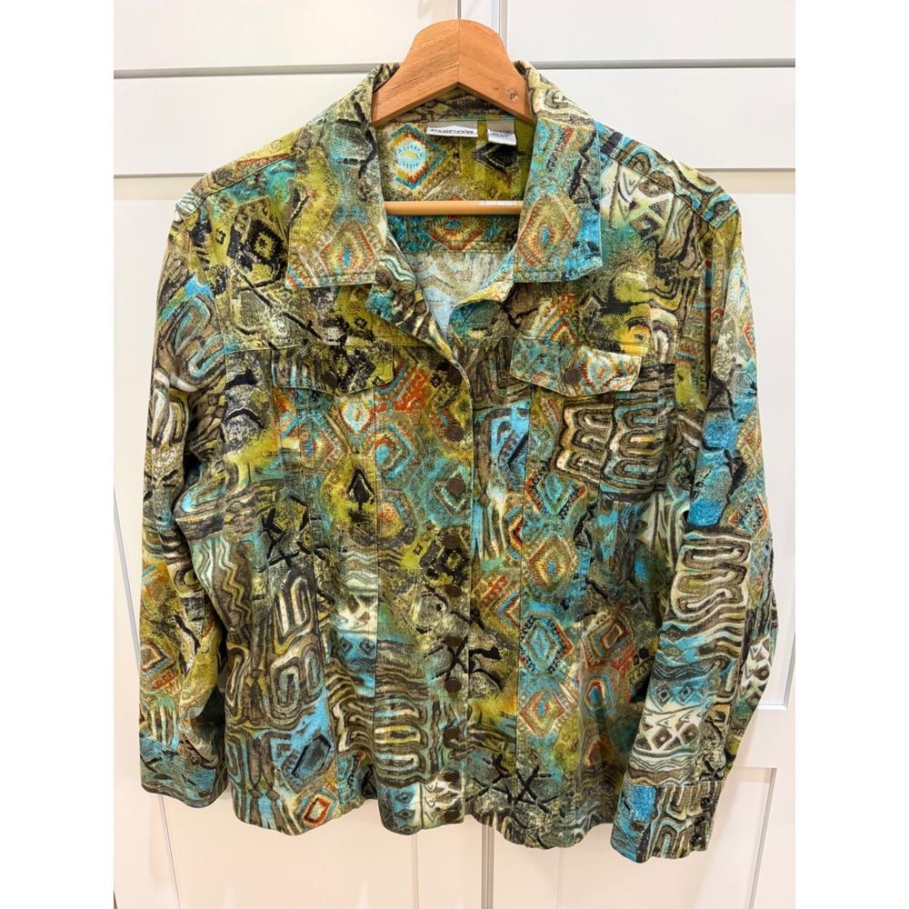Chicos Women Size 3 Large Abstract Geometric Cotton Linen Button Front Jacket
